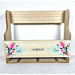 Wooden 4-Bottle Wine Rack Holder w/ Handle Farmhouse Floral Design Philosophy